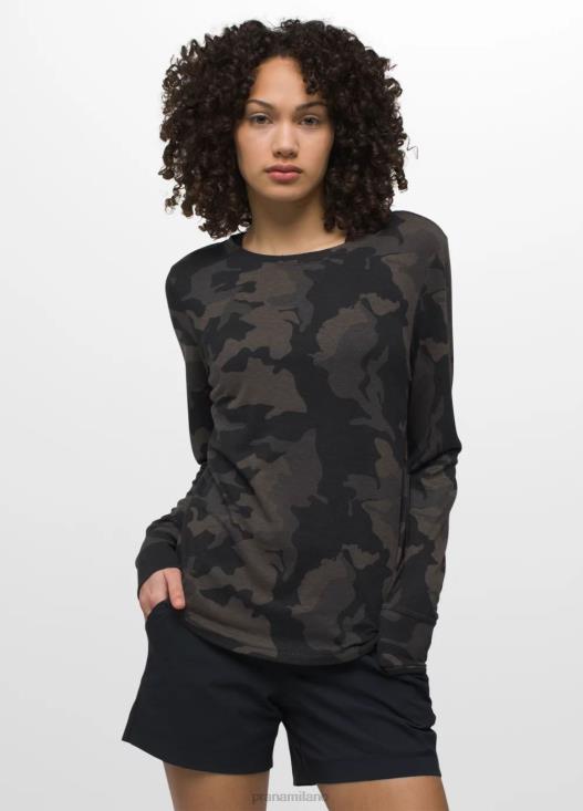 donne comoda maglietta a maniche lunghe prAna mimetica nera vestiario T6DPZ205