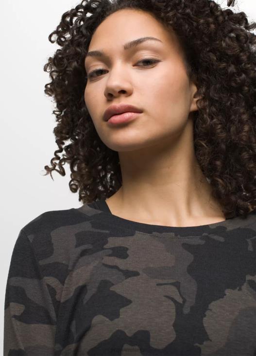 donne comoda maglietta a maniche lunghe prAna mimetica nera vestiario T6DPZ205